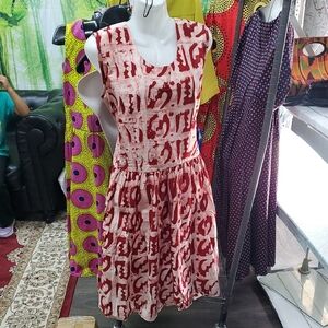 Women's Elegant Red Patterned Dress Africa Ethnic Tribal Print Med-XL Drop Waist